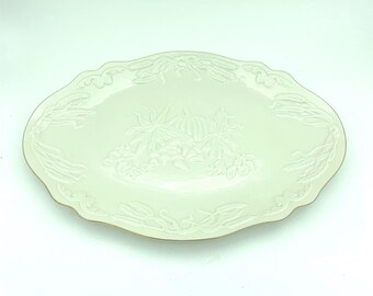 Vintage Lenox China Giftware Collection 14 Inch Oval Harvest Platter Serving Dish With Embossed Fruit And Wheat Motif And Gold Trim