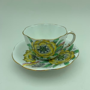 Vintage 2-Piece Taylor & Kent Bone China Longton England Yellow And Green Floral Tea Set Includes Gold Trimmed Teacup And Matching Saucer