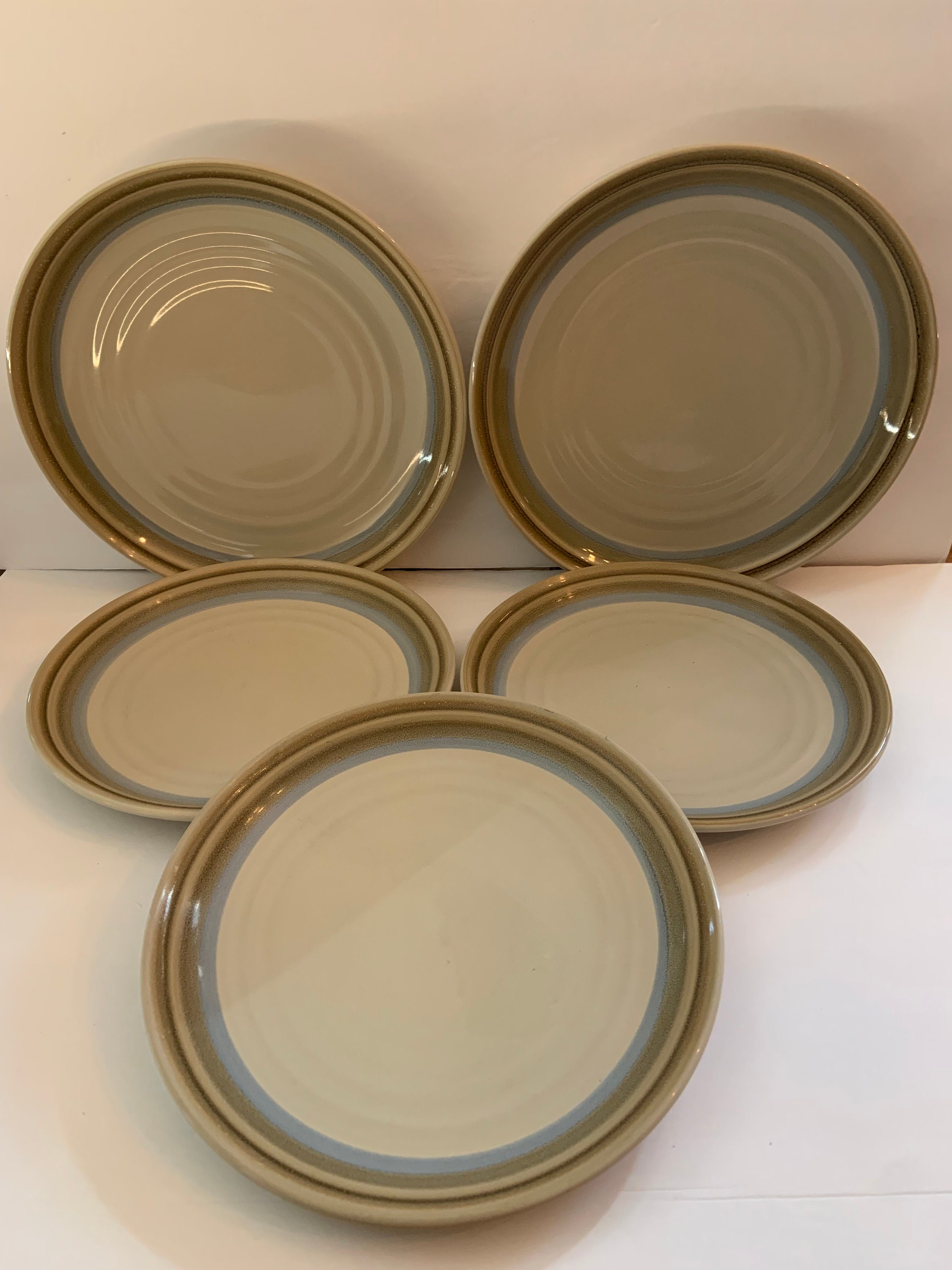 Vintage 5-piece Noritake Stoneware Painted Desert #8603 Blue & Tan  