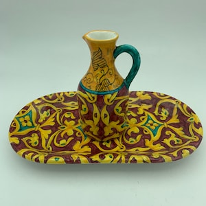 2-Piece Deruta Fornace San Lorenzo Handcrafted Italian Ceramics Includes Oval Serving Tray And Small 5&quot; Decanter Cruet Creamer Pitcher Jug