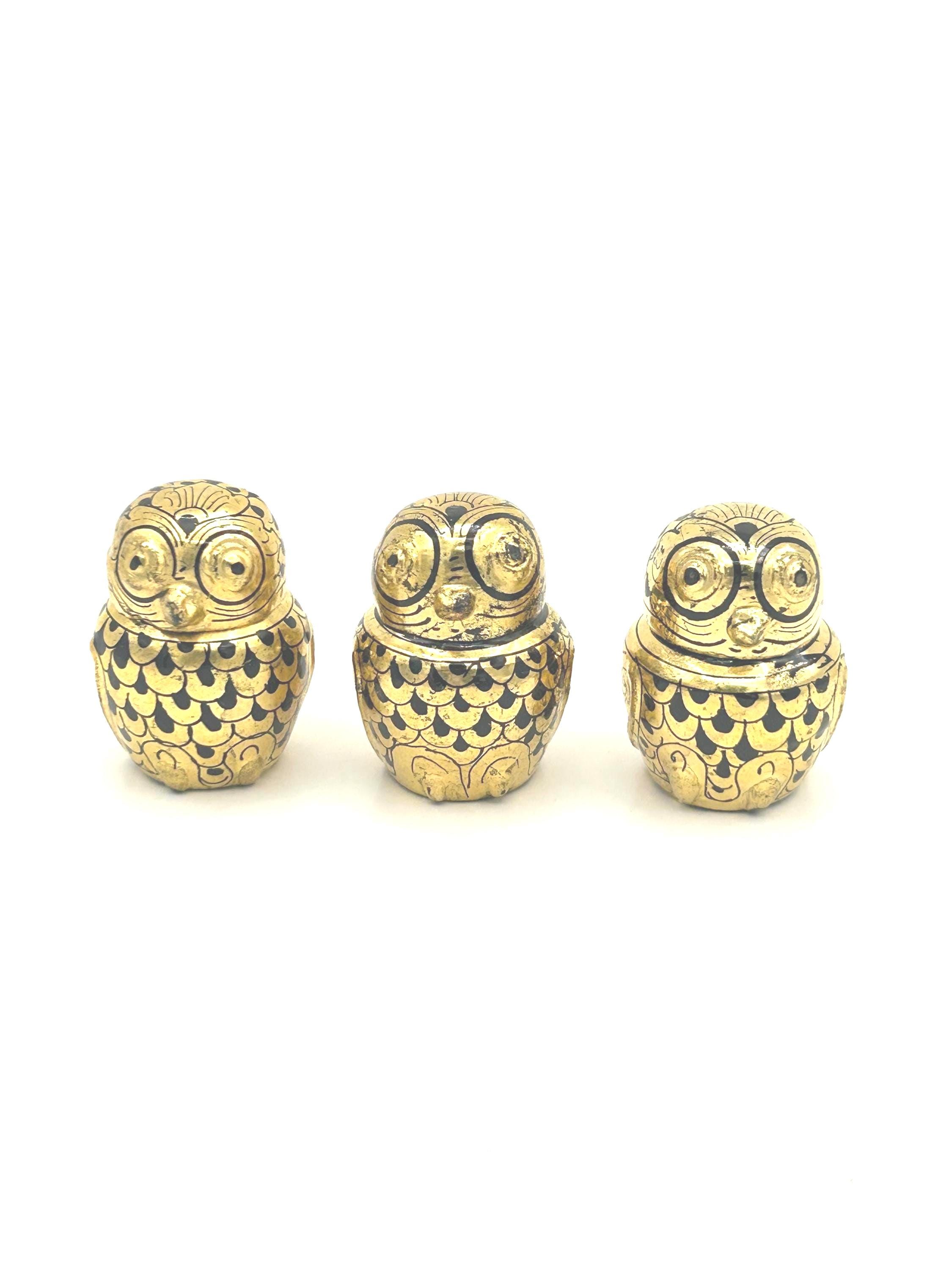 Set Of Three Myanmar Small 2" Lacquer Owl Trinket Jewelry Box With Burmese Black Lacquerware &a