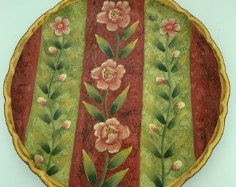 Vintage Oriental Accent Since 1880 Decorative Asian Red And Green 10&quot; Accent Charger Centerpiece Plate With Floral Leaf Motif And Gold Trim