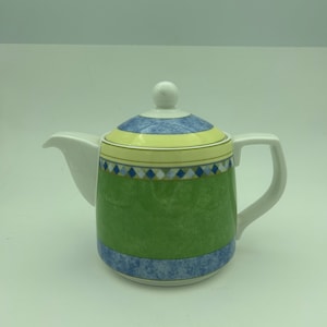 Vintage 1999 Royal Doulton Fine China Carmina Pattern #TC 1277 Green And Blue Bands Five Cup Teapot With Lid