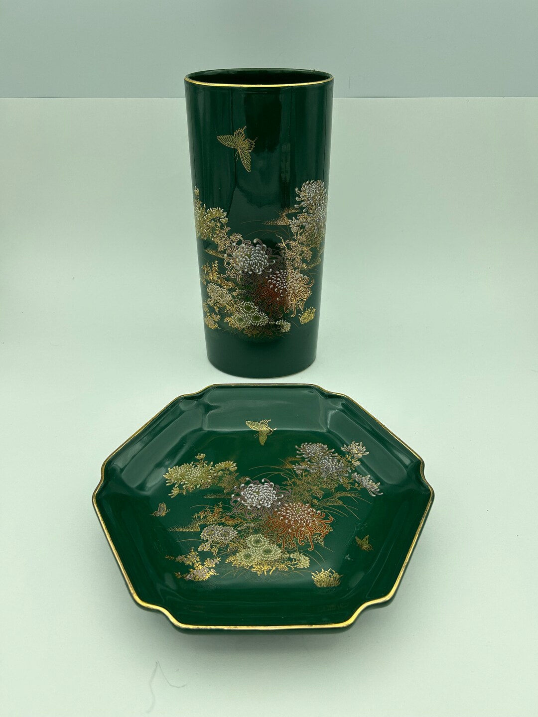 Vintage 2piece Toyo Jade Kiku Japan Includes Green Trinket Candy Dish