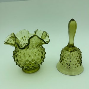Vintage 2-Piece Fenton Art Glass Clear Colonial Green Hobnail Pattern Set Includes 4 Inch Double Crimp Ruffled Vase Bowl And 5 Inch Bell