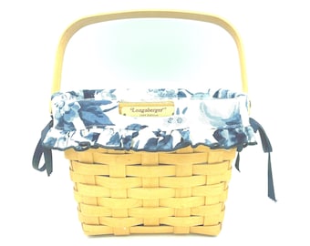 Vintage Longaberger Handwoven And Signed 1998 Edition Dresden Tour Basket With Blue And White Fabric Floral Liner And Plastic Protector