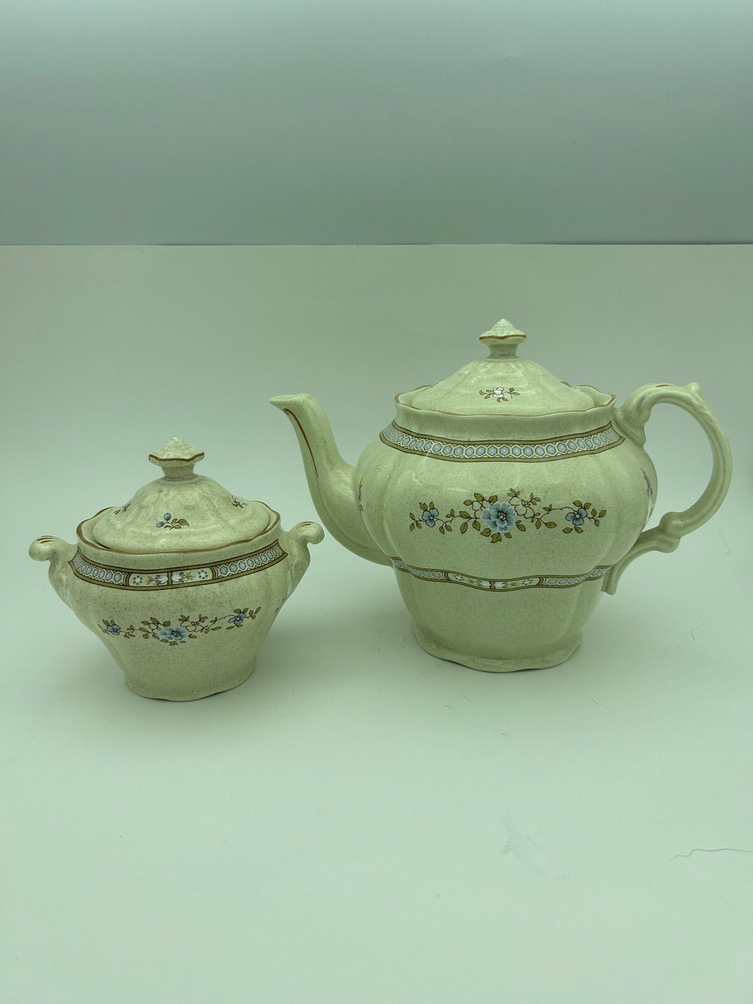 Vintage 2piece Royal Doulton Lambethware Dorset Pattern 1049 Blue and Tan Floral Tea Set