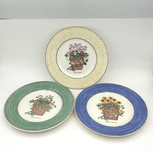 Vintage 3-Piece Wedgwood Queen's Ware England Sarah's Garden Pattern 8" Salad Dessert Plates - Yellow Viola, Blue Tagetes & Green Fragaria