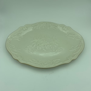 Vintage Lenox China Giftware Collection 14 Inch Oval Harvest Platter Serving Dish With Embossed Fruit And Wheat Motif And Gold Trim
