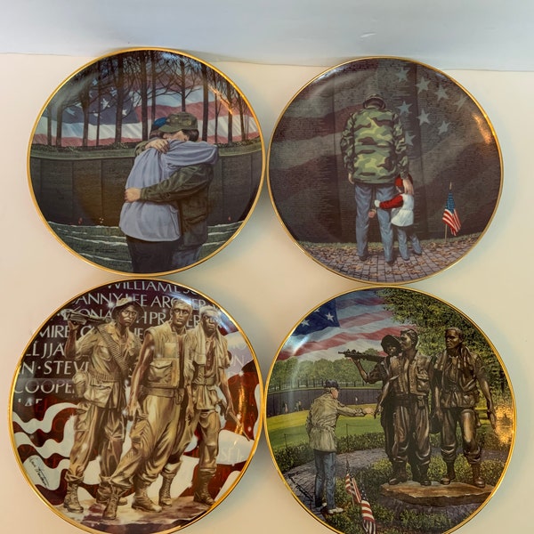 4 Vintage Franklin Mint Fine Porcelain Friends Of The Vietnam Veterans Memorial Dave Troutman Limited Edition 8" Collectible Plates (No COA)