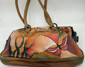 Anna By Anuschka Preowned Hand Painted Genuine Leather Triple Compartment Satchel Bag Pocketbook Purse With Butterfly & Floral Motif