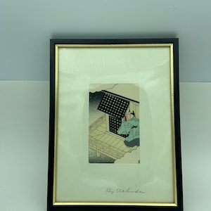 Uchida Art Company Framed And Signed Small 8&quot; X 10&quot; Japanese Woodblock Print Of Traditional Samurai, Geisha And Minka Home With Shoji