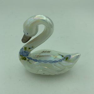 Vintage Fenton 25th Anniversary Iridescent White Art Glass 4" Swan Sculpture Figurine With Hand Painted Blue Floral Design & Original Labels