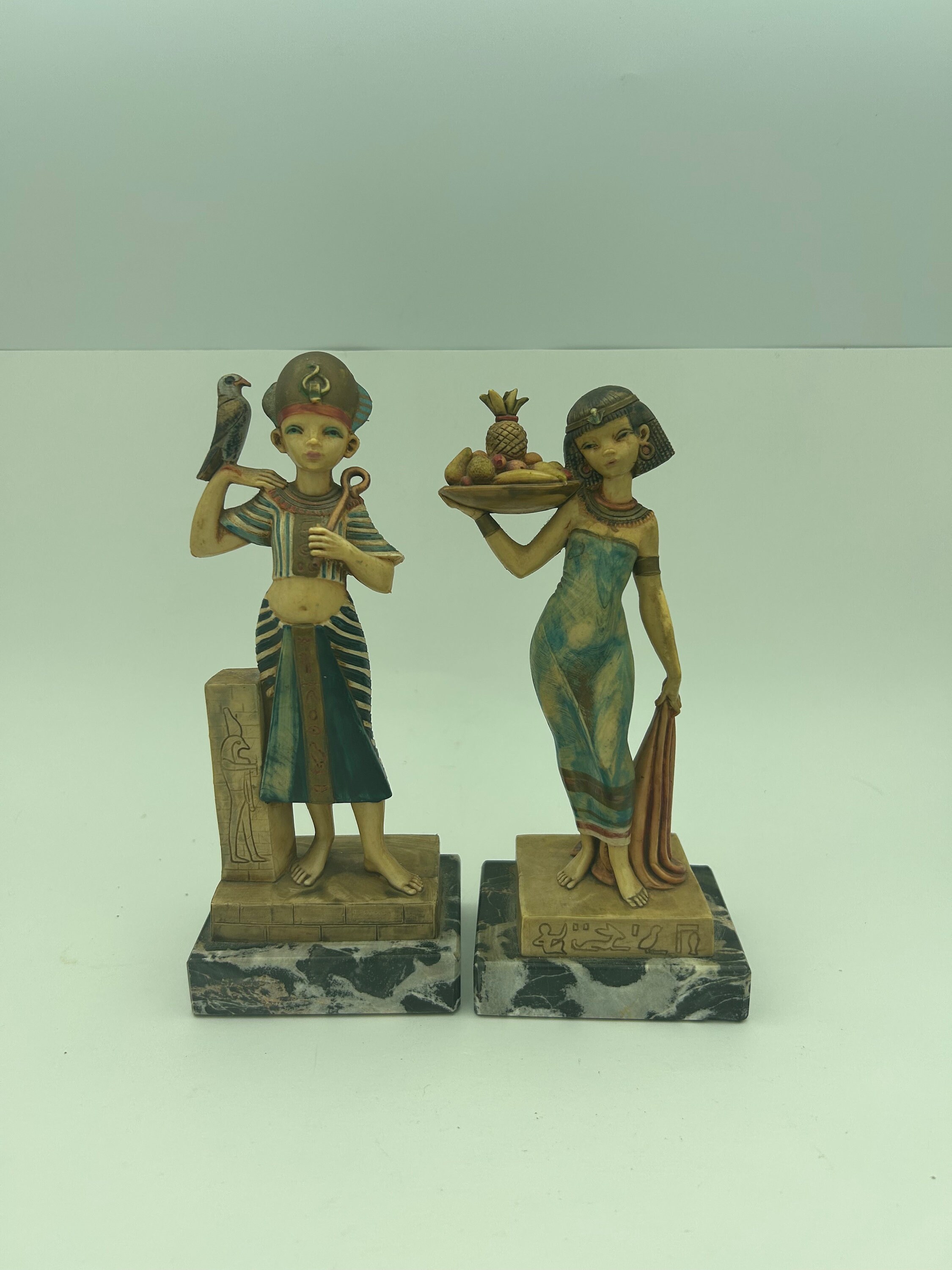 Set Of 2 Vintage Depose Italy Fontanini Simonetti Ancient Egyptian Nubian Man And Woman 7" Resin Figurines Sculptures Mounted On Marble Base