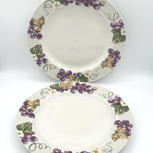 2 Vintage Laura Ashley Lifestyles Grapefields Pattern Large Round Rimmed 12" Chop Plates Serving Platters With Purple Grape Design On Rim