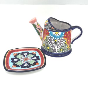 Hand Painted Mexican Talavera 2-Piece Set Includes Ulises Pottery 5" Watering Can & Hernandez Pottery Pueblo Mexico 6" Decorative Wall Plate
