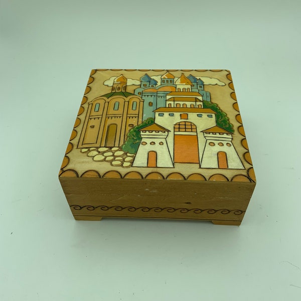 Made In USSR Carved And Painted 6" Wood Hinged Jewelry Storage Valet Box Featuring Russian City Scene With Domed Churches & Buildings On Lid