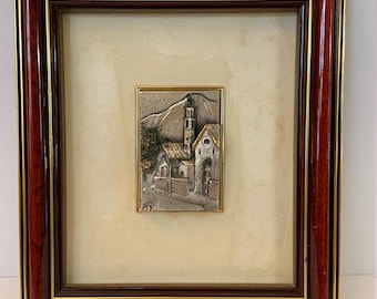 Vintage Stargent Made In Italy 800 Silver Framed Miniature 3-Dimensional Village Scene 2&quot; X 3&quot; Sculpture Artwork With COA
