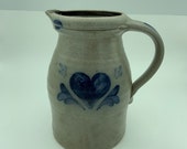 Vintage 1997 Rowe Pottery Works Handmade And Signed Large 60 Ounce Cobalt Blue And Gray Salt Glazed Stoneware Pitcher Jug With Heart Design