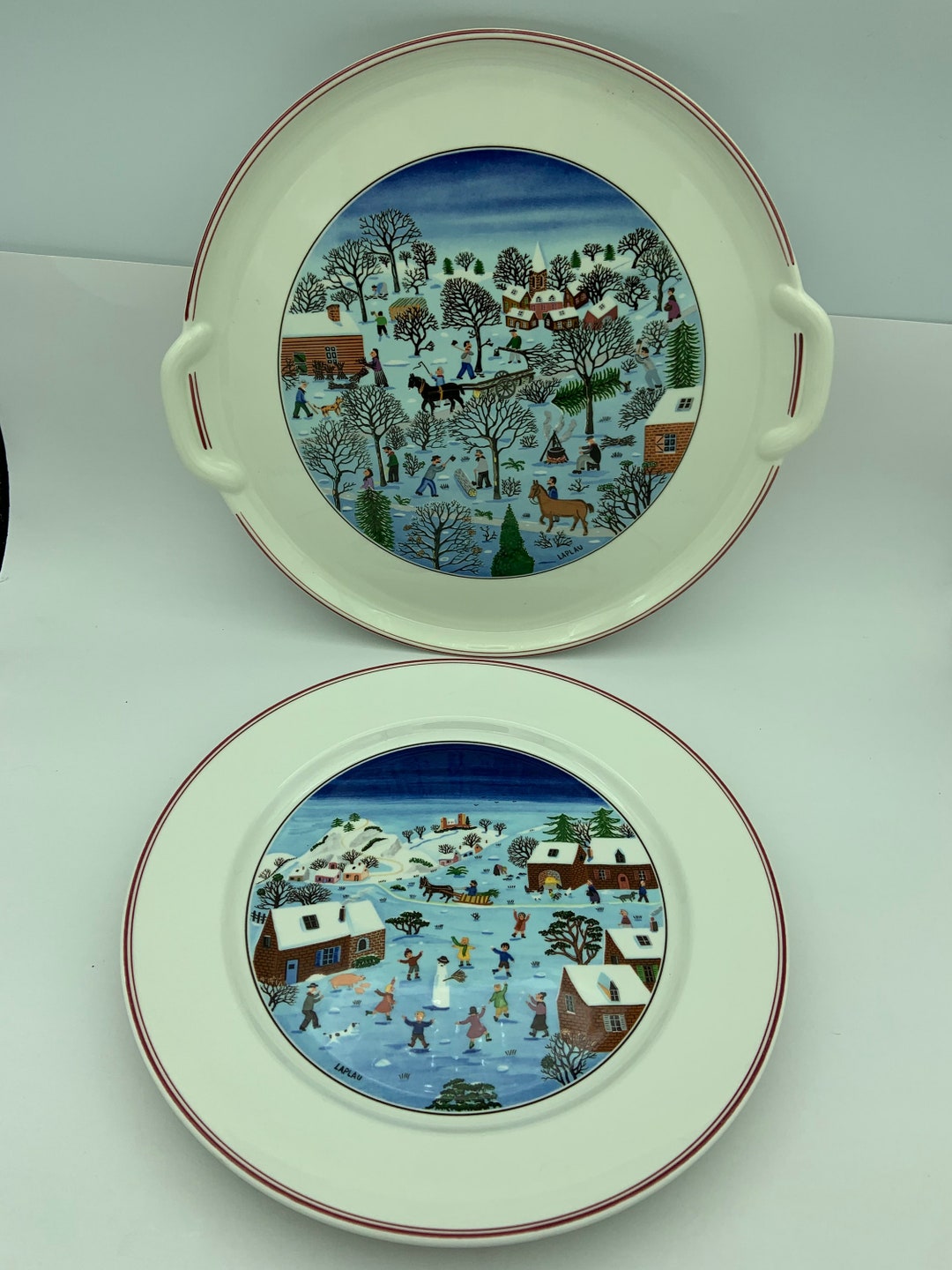 2piece Set Villeroy & Boch Depuis 1748 Vitro Porcelaine Naif Christmas Winter Holiday Scene