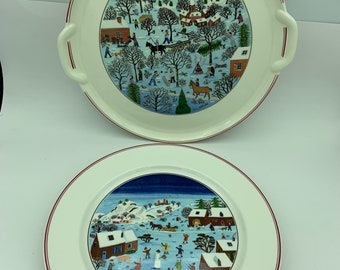 Vintage 2-Piece Villeroy & Boch Depuis 1748 Vitro Porcelaine Naif Christmas Village Scene Dinnerware Includes Dinner Plate And Cake Plate