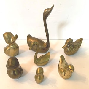 Collection Of Seven Vintage Brass Metal And Solid Brass Feathered Friend Figurines Of Various Sizes Includes 2 Swans, 4 Ducks And 1 Bird