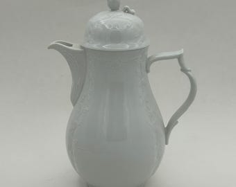 Vintage Kaiser West Germany Dubarry White Porcelain Embossed Floral & Leaf 5-Cup Coffee Pot Teapot Beverage Server With Figural Rosebud Lid
