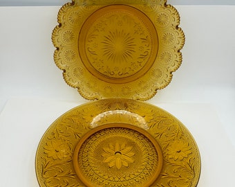 Vintage 2-Piece Yellow Depression Glass Collectible Dinner Plates Includes Indiana Tiara Sandwich & Brockway Glass American Concord Patterns