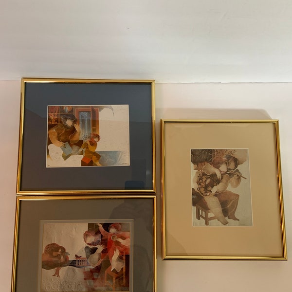 3 Vintage Sunol Alvar Limited Edition Numbered Small Framed Embossed Lithographs Includes "Les Elements De La Nature" & "La Nature Humaine"