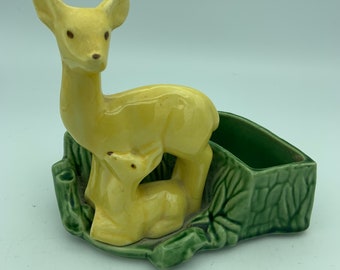 Vintage Shawnee USA Pottery Deer Doe And Baby Fawn 6 Inch Green Ceramic Planter Vase #669