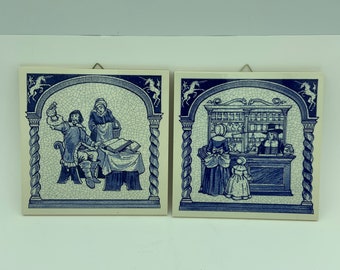 2 Vintage 1987 And 1988 Burroughs Wellcome Co. Handmade Delft Holland Blue & White Limited Edition Souvenir Pharmacy Pill Tiles Wall Plaques