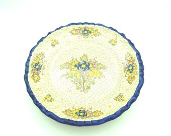 Vintage Oscar Talavera Signed Talavera Folk Art Decorative Ceramic Crackle Glaze Floral Motif 9" Rimmed Pottery Plate Wall Hanging Plaque