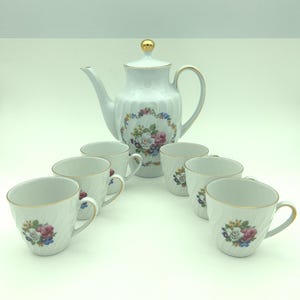 Vintage 7-Piece Bareuther Waldsassen Bavaria Germany Floral Bouquet #213 Coffee Demitasse Tea Set With 24oz Coffee Teapot & 6 Small Cups
