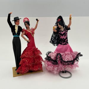 Vintage 2-Piece Marin Chiclana Plastic Spanish Flamenco Dancers Includes Doll In Pink Dress & Black Veil And Couple In Red And Black Dress