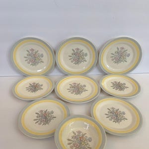 Vintage 9-Piece American Limoges Triumph Oslo Surf Grey Yellow # D-47 Floral Dinnerware Includes 4 Salad Plates, 4 Bread Plates & Fruit Bowl