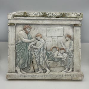Vintage Ergani Athena Greece Handmade Museum Replica 15&quot; Bas Relief Frieze Asclepius God Of Medicine And Snake Fresco Wall Plaque Sculpture