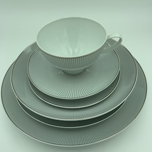 6-Piece Mikasa Platinum Shimmer #SL057 Porcelain Dinnerware Includes Dinner, Salad And Bread Plates, Soup Bowl And Footed Cup & Saucer Set