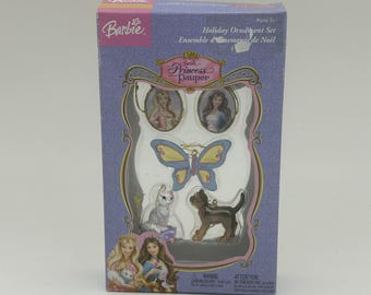 Vintage 2004 Barbie The Princess And The Pauper Movie 5-Piece Holiday Ornament Set With Princess Anneliese, Erika, Serafina & Wolfie In Box