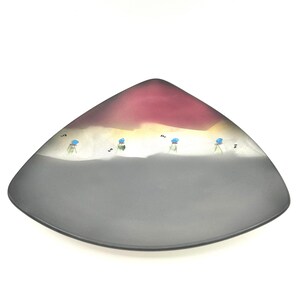Vintage 1984 Harris & Stiles Signed Studio Art Pottery Glazed Ceramic Triangle Shaped 10" Decorative Red Gray Footed Platter Serving Dish