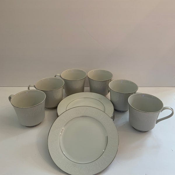 10-Piece Set Crown Victoria Fine China Lovelace Floral Pattern #1002 And #1003 Includes Six Footed Teacups Coffee Cups And Four Bread Plates