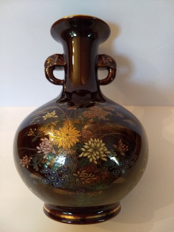 Large Asian Burgandy Brown Porcelain Vase With Floral And Bird Etsy
