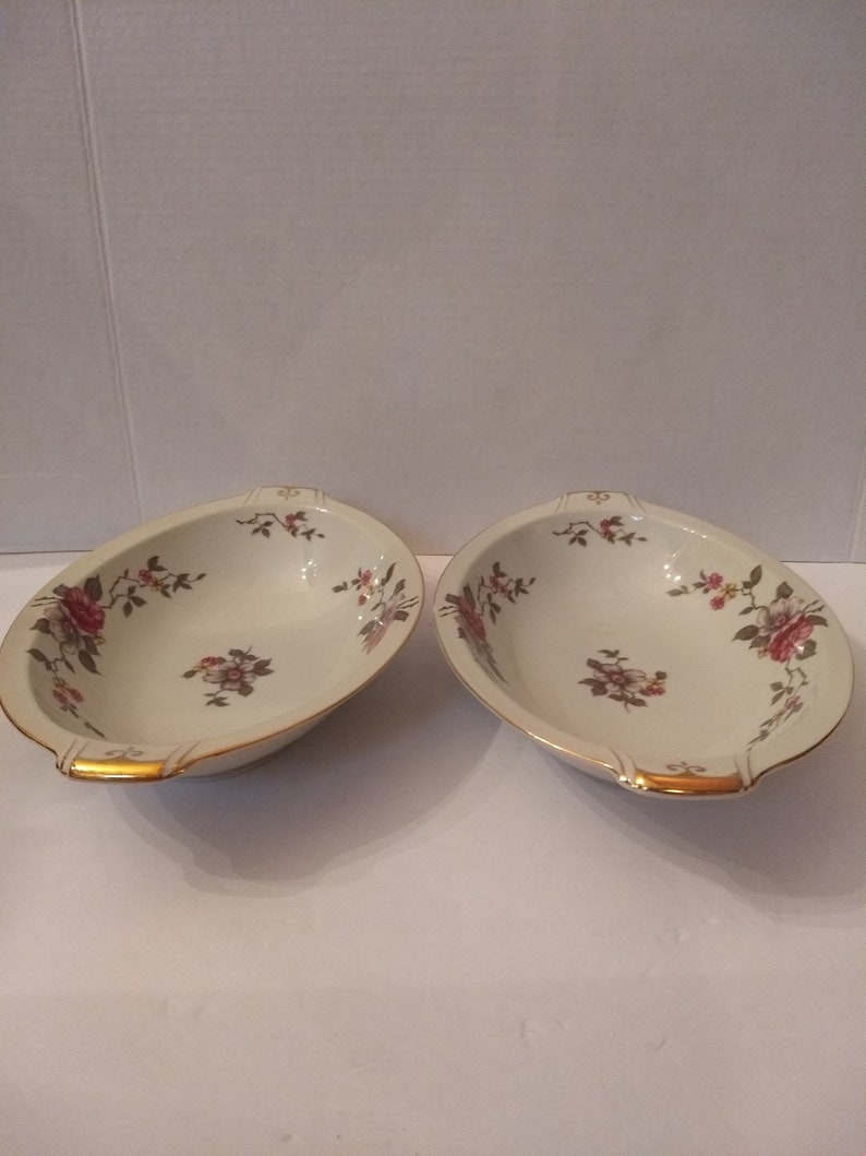 Set Of Two Vintage Meito Empire China Rosella Floral Gold Trimmed 11 Oval Vegetable Serving Dishes Bowls