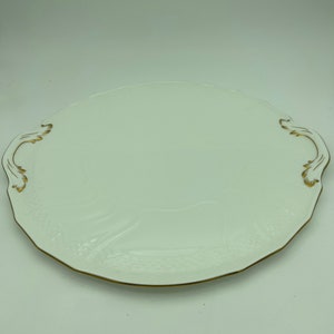 Vintage Heinrich Germany Villeroy & Boch Louisenburg Gold Large 13&quot; Round White Swirled Torte Plate Serving Platter With Gold Accent Handles