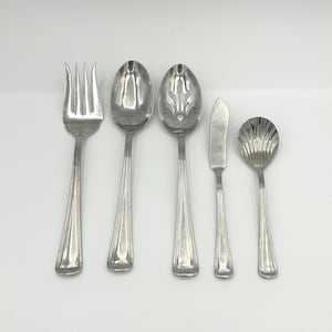 Vintage 5-Piece Gorham Silver Glossy Monet Pattern 18/8 Stainless Steel Hostess Set - Sugar And 2 Serving Spoons, Meat Fork & Butter Knife