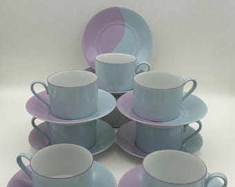 Vintage 15-Piece Mikasa Fine China Designed By Larry Laslo Lavender Gray Wave Pattern #L5096 Coffee Tea Set Includes 8 Flat Cups & 8 Saucers