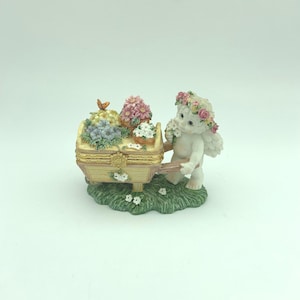 Vintage 1997 Cast Art Industries Kristin Haynes Dreamsicles Cherub Angel "Flower Cart" #10353 Jewelry Trinket Box Figurine Sculpture