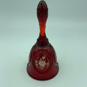 Vintage Fenton Art Glass Hand Painted And Signed Ruby Red 6 Inch Floral Bell With Original Label