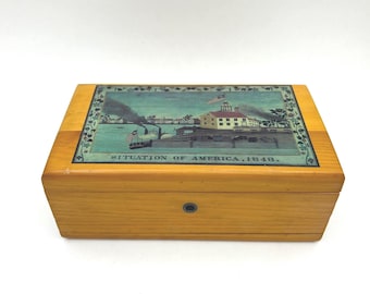 Vintage 1995 Museum Of American Folk Art Collection Miniature 9" Lane Cedar Chest Keepsake Box With Situation Of America 1848 Print on Lid
