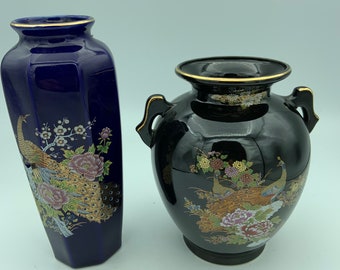 Vintage 2-Piece Asian Peacock & Floral Gold Accented Decorative Vases Made In Japan Includes 8&quot; Cobalt Blue And 6&quot; Black Vase With 2 Handles