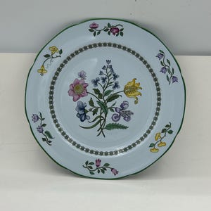Vintage Spode England Fine Stone China Summer Palace Pattern #W150 Rimmed Dinner Plate With Multicolor Pink, Purple And Yellow Floral Motif